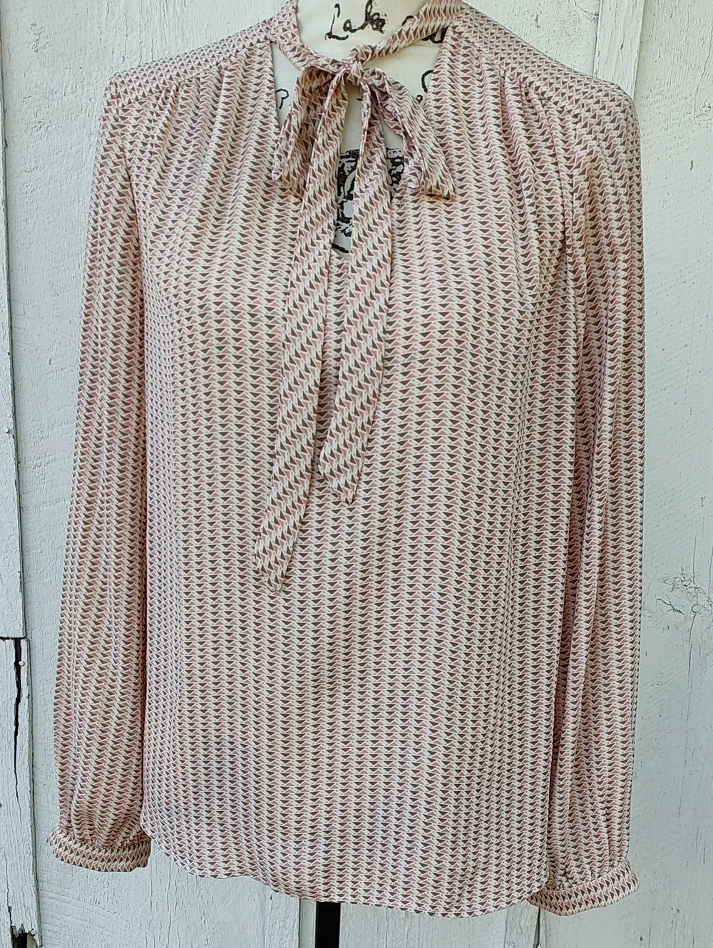Adrienne Vittadini Blush Pink Geometric Tie-Neck L/S Blouse Career Wear, Size M